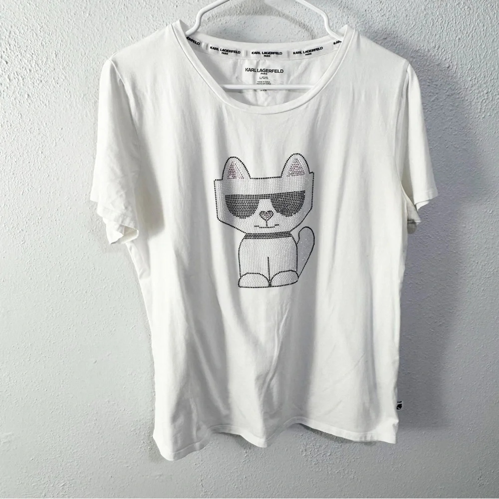 Karl Lagerfeld rhinestone White Cat Tee with Sunglasses large - Picture 1 of 7